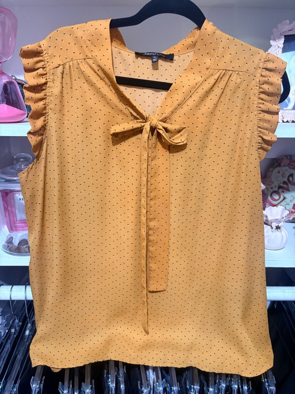 Sweet Rain Mustard Dot Tie-Neck Ruffle-Sleeve Camisole